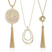 Leander 3PCS Long Pendant Necklaces for Women Knot Disk Circle Tassel Statement Sweater Necklace Set