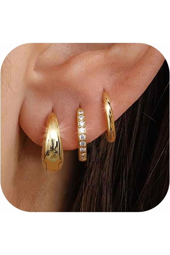 3Pairs 925 Sterling Silver Earrings for Women, 14K Gold Plated Small Huggie Hoop Earrings Sets for Multiple Piercing Hypoallergenic, CZ Cartilage Earrings Stacks Trendy Earrings Jewelry Gifts