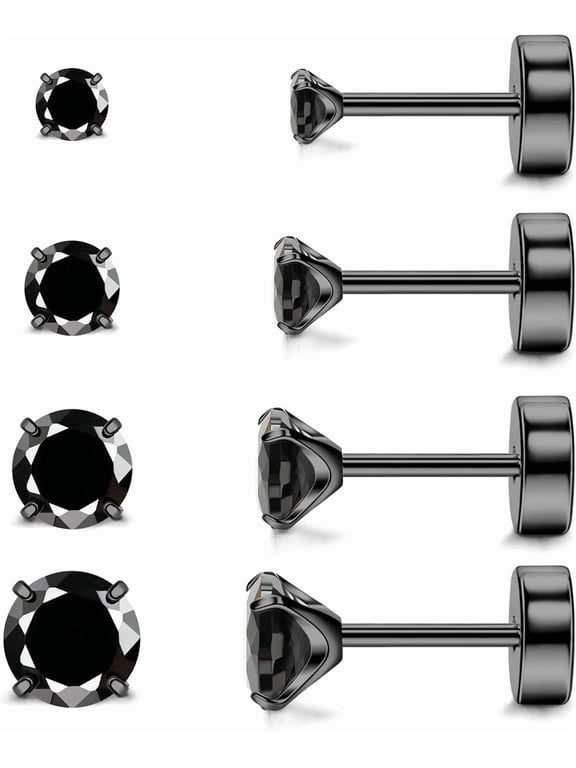 4-Pack Titanium Flat Back Earrings, G23 Hypoallergenic Stud Earrings for Sensitive Ears, 20G 2-5mm Cubic Zirconia Screw Back Earrings, Mix-Match Gift for Women Men