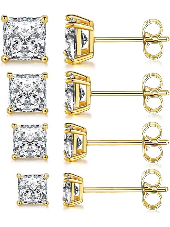 4-Pair 316L Stainless Steel Earring Set, 3-6mm Hypoallergenic Princess Cut Cubic Zirconia Square Stud Earrings, Suitable for Men and Women