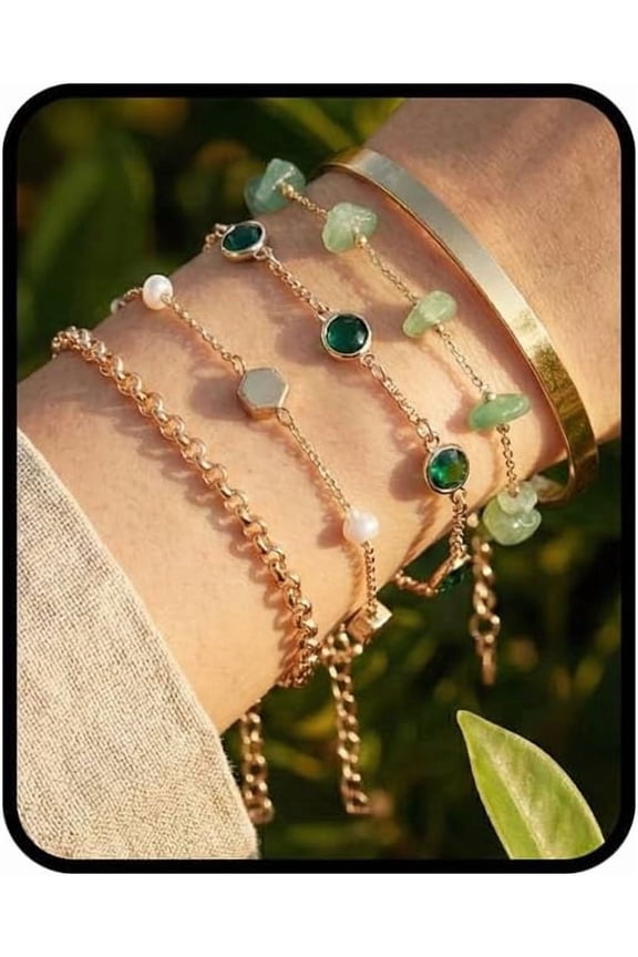 5Pcs Green & Gold Stack Bracelets for Women, Pearl Y2K Tiny Adjustable Irregular Geometric Stone Dainty Jewelry Gift Set