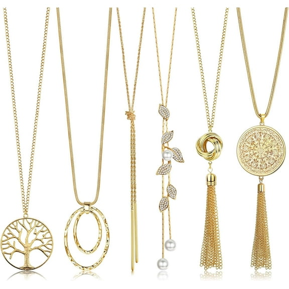 Leander 6Pcs Long Necklaces for Women Tassel Pendant Necklace Circle Knot Bar Feather Leaf Sweater Necklace Statement Necklace for Women