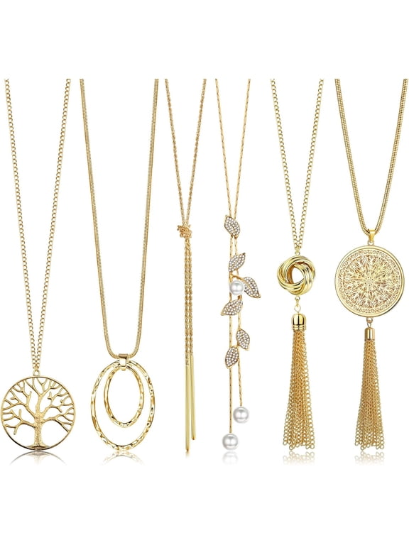 6Pcs Long Necklaces for Women Tassel Pendant Necklace Circle Knot Bar Feather Leaf Sweater Necklace Statement Necklace for Women