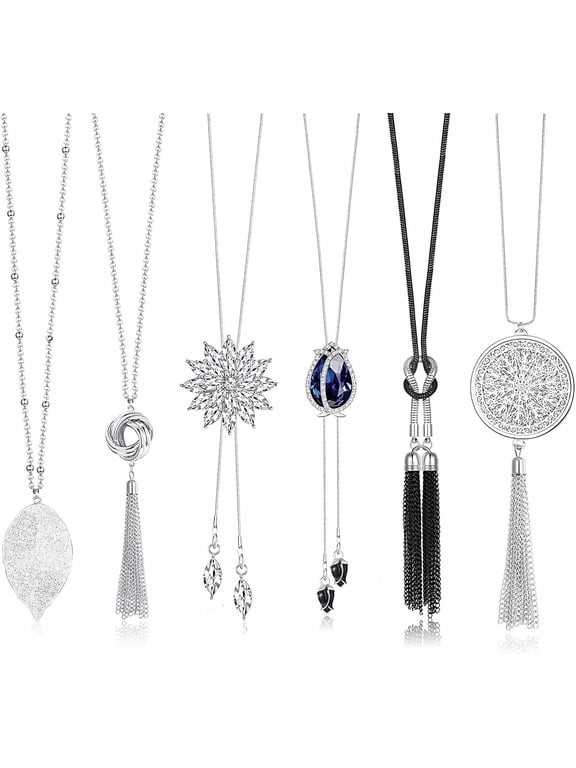 6Pcs Long Pendant Necklaces for Women Long Sweater Necklaces Silver Flower Tassel Disk Circle Leaf Statement Sweater Chain Necklace for Women Y Necklace Set Fashion Jewelry
