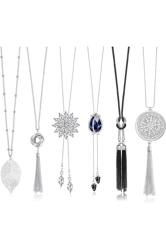 6Pcs Long Pendant Necklaces for Women Long Sweater Necklaces Silver Flower Tassel Disk Circle Leaf Statement Sweater Chain Necklace for Women Y Necklace Set Fashion Jewelry