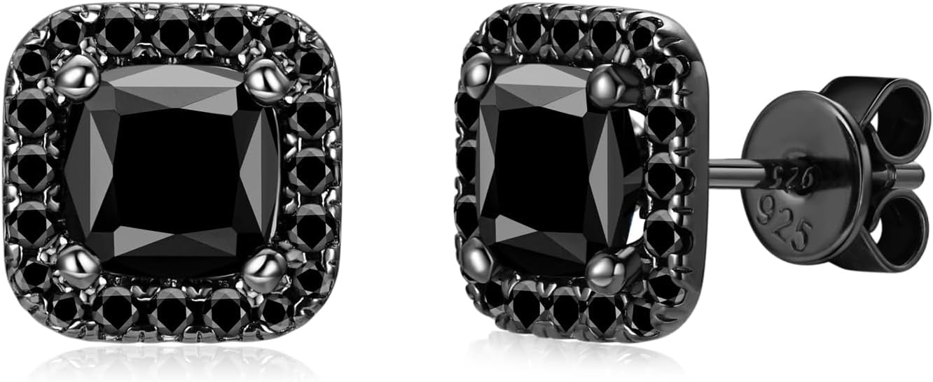 Leander 925 Sterling Silver Black Onyx Stud Earrings For Men Women, Hypoallergenic Mens Viking Rune Square Simulated Diamond CZ Studs Cushion/Round/Princess Cut Onyx Earrings Fine Jewelry