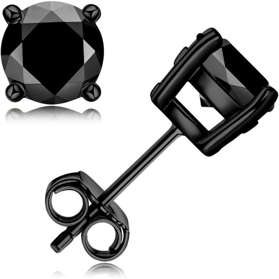 Leander 925 Sterling Silver Black Onyx Stud Earrings For Men Women, Hypoallergenic Mens Viking Rune Square Simulated Diamond CZ Studs Cushion/Round/Princess Cut Onyx Earrings Fine Jewelry