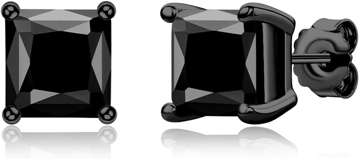 Leander 925 Sterling Silver Black Onyx Stud Earrings For Men Women, Hypoallergenic Mens Viking Rune Square Simulated Diamond CZ Studs Cushion/Round/Princess Cut Onyx Earrings Fine Jewelry