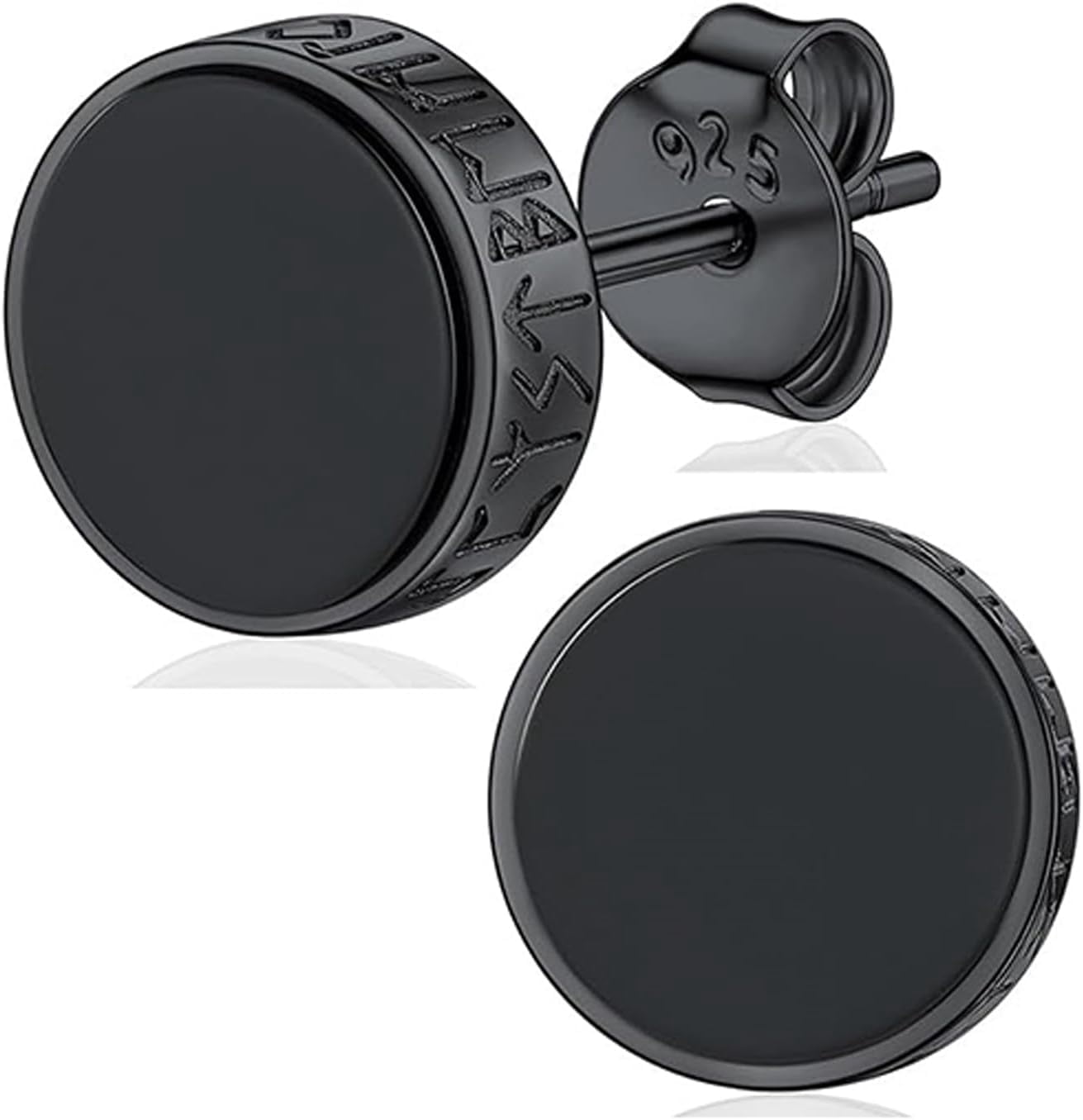 Leander 925 Sterling Silver Black Onyx Stud Earrings For Men Women, Hypoallergenic Mens Viking Rune Square Simulated Diamond CZ Studs Cushion/Round/Princess Cut Onyx Earrings Fine Jewelry