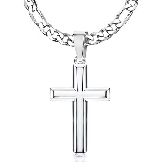 Leander Silver-Plated Cross Necklace, Unisex, 26mm Stainless Steel Diamond-Cut Figaro or Cuban Chain, Cross Pendant Necklace