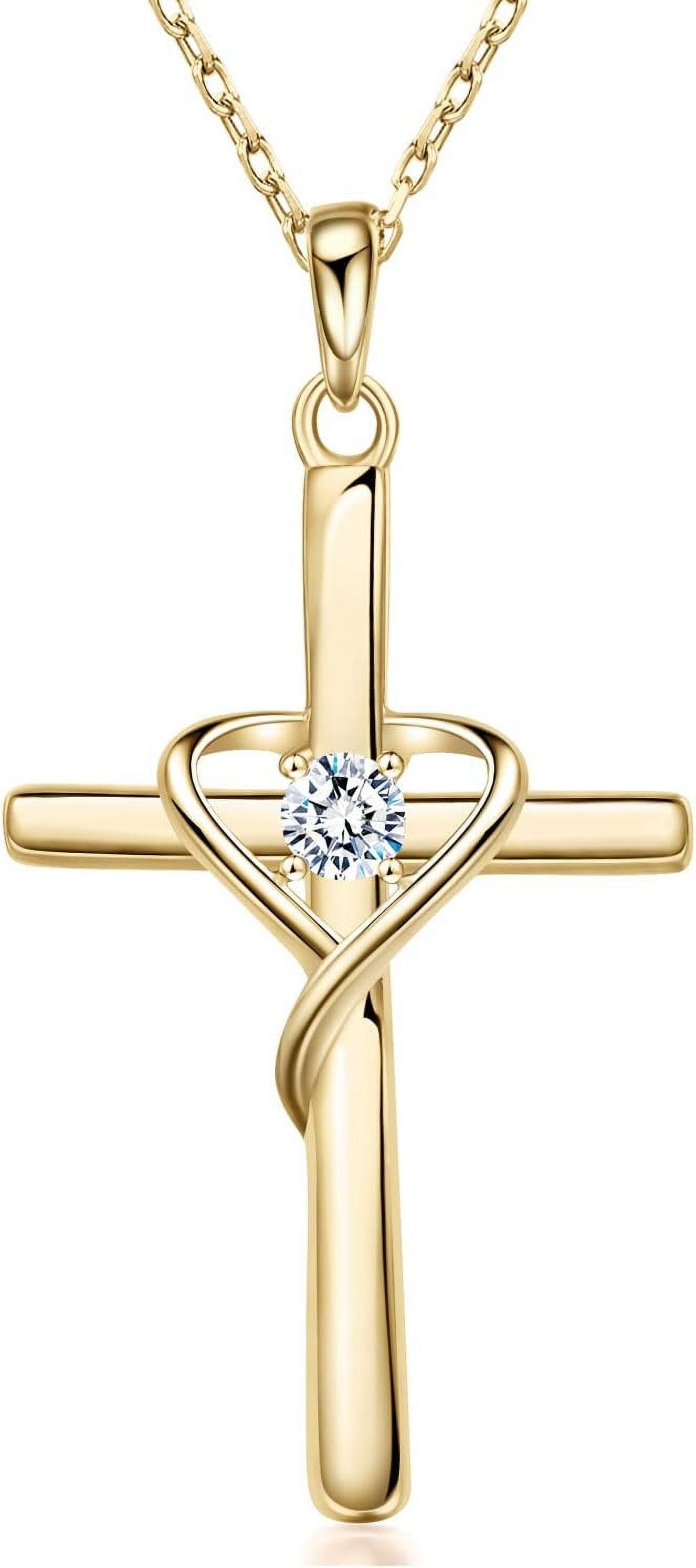 Leander 925 Sterling Silver Cross Necklace for Women Men 5A CZ Birthstone Necklaces 14K Gold Plated or Rose Gold Necklace for Easter or Mother's Day