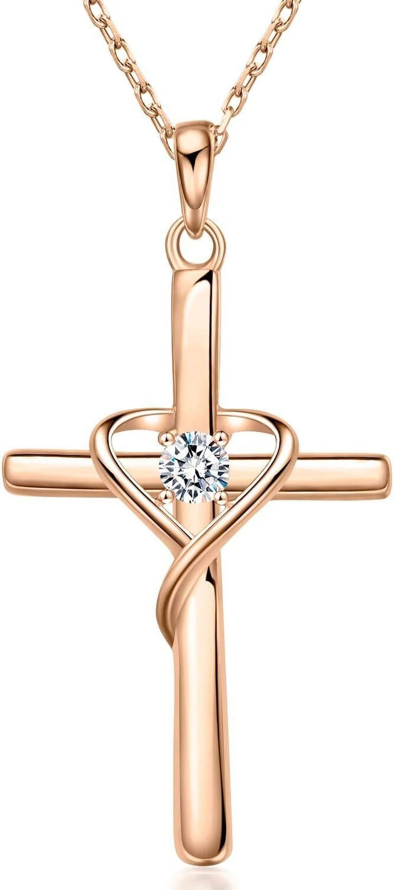 Leander 925 Sterling Silver Cross Necklace for Women Men 5A CZ Birthstone Necklaces 14K Gold Plated or Rose Gold Necklace for Easter or Mother's Day