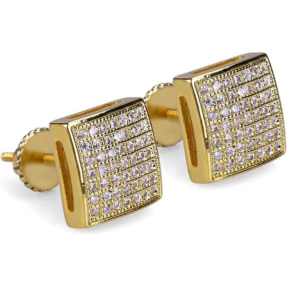 Leander 925 Sterling Silver Square Screw Stud Earrings 14K Gold Plated 5A+ Cubic Zirconia Iced Out Square Screw Back Hypoallergenic Cube Large Stud Earrings For Men Women