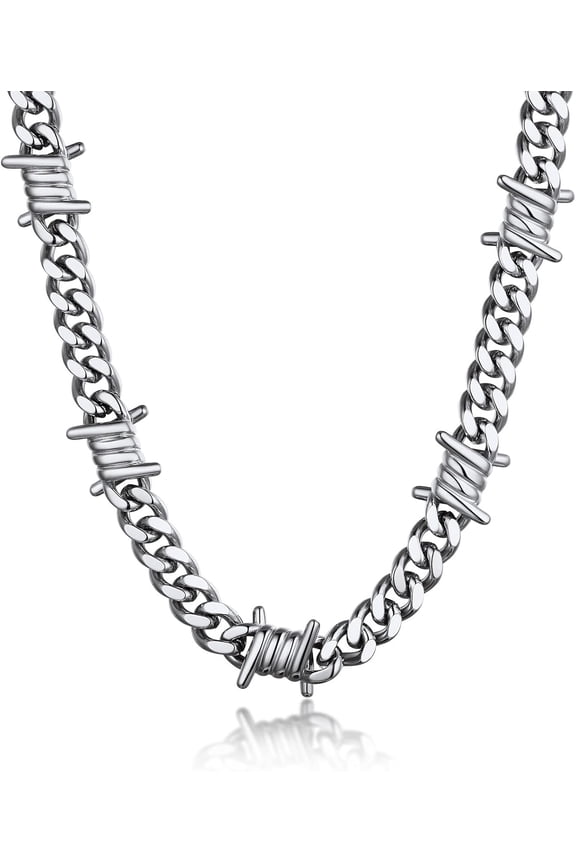 Barbed Wire Cuban Necklace for Women Men Stainless Steel/Black Gothic Thorns Skull Choker Necklace Bracelet Punk Jewelry -Gift Packed