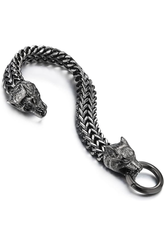 Biker Men's Stainless Steel Wolf Head Cuban Chain Bracelet with Spring Clasp
