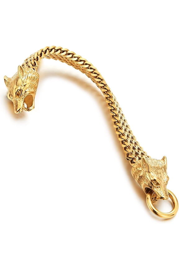 Biker Men's Stainless Steel Wolf Head Cuban Chain Bracelet with Spring Clasp