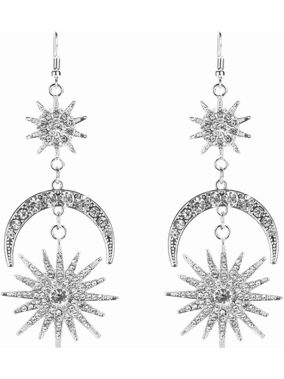 Boho Sun Moon Stars Drop Dangle Earrings for Women, Asymmetrical Celestial Statement Jewelry, Bohemian Rhinestone Star Planet Earrings, Hypoallergenic Gift for Her Valentine's Mother's Day
