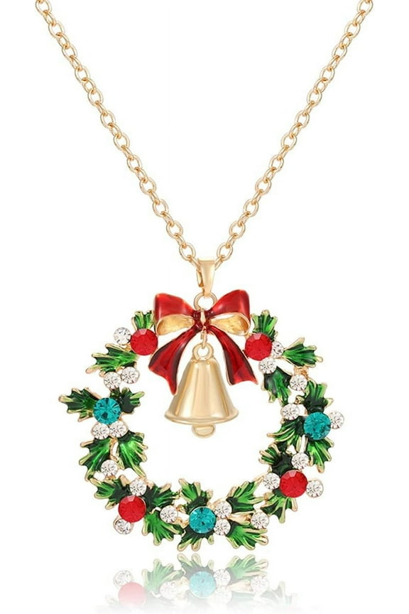 Christmas Necklaces For Women Glitzy Rhinestone Xmas Wreath Bell Pendant Necklace Holiday Jewelry Gift