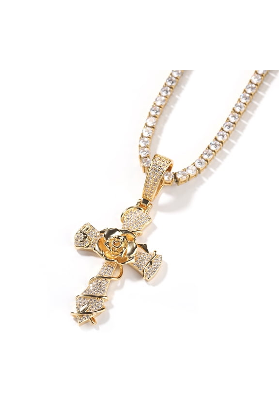 Copper-Inlaid 5A+ Zircon Rose Cross Pendant Necklace: A hip-hop-inspired luxury accessory.