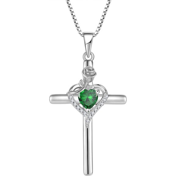 Leander Cross Necklace 925 Sterling Silver Rose Flower Necklace Birthstone Pendant Religious Jewelry Gifts for Women