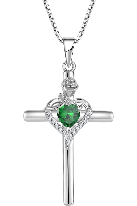 Cross Necklace 925 Sterling Silver Rose Flower Necklace Birthstone Pendant Religious Jewelry Gifts for Women