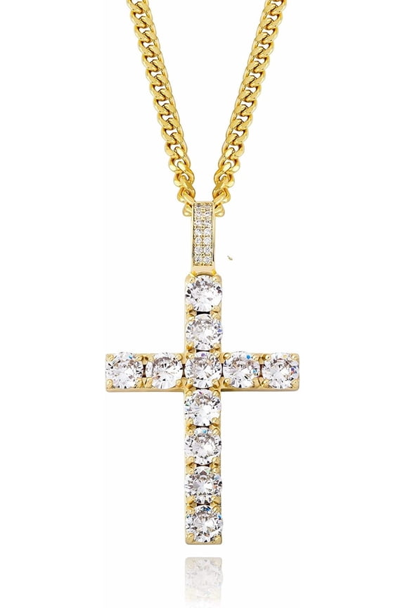 Cross Necklace for Men Gold Necklace for Women Gold Heart Cross Jewelry 14K Silver Plated Solid Iced Cubic Zirconia Stainless Steel Pendant Chain