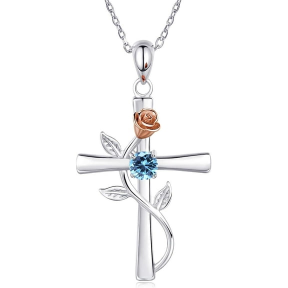 Leander Cross Necklace for Women 925 Sterling Silver Birthstone Necklace for Womens Cross Pendant 5A Cubic Zirconia 12 Birth Months Birthday Gifts for Women Wife Her