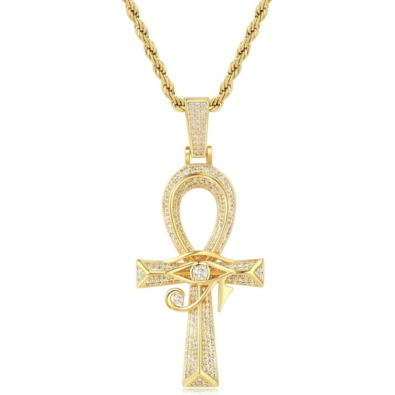 Leander Eye of Horus Ankh Cross Pendant Necklace 18K White Gold Plated Iced Out CZ Ancient Egyptian Religious Symbol Protection Chain Jewelry for Men Women Christmas Birthday Gift