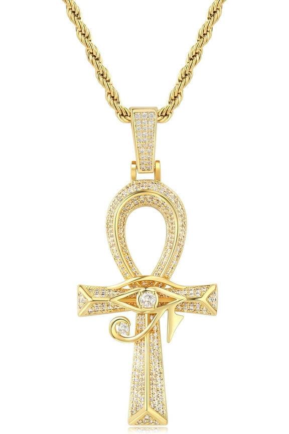 Eye of Horus Ankh Cross Pendant Necklace 18K White Gold Plated Iced Out CZ Ancient Egyptian Religious Symbol Protection Chain Jewelry for Men Women Christmas Birthday Gift