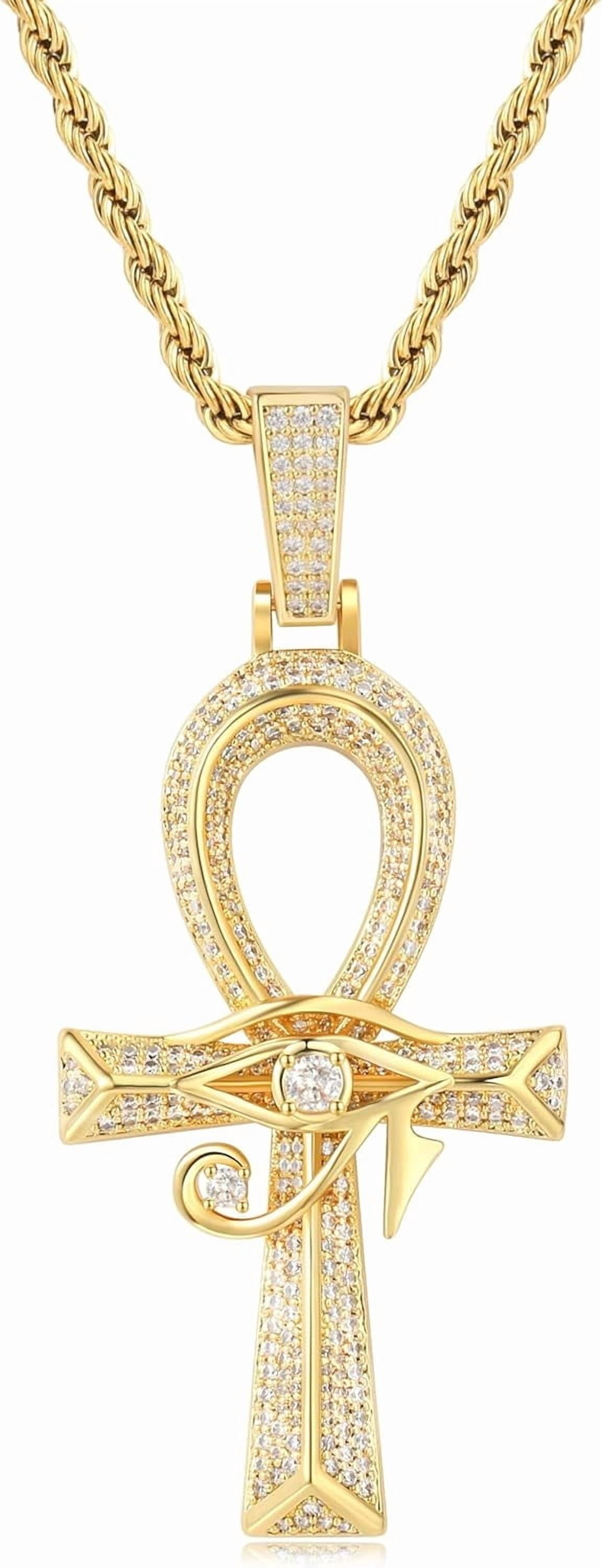 Leander Eye of Horus Ankh Cross Pendant Necklace 18K White Gold Plated Iced Out CZ Ancient Egyptian Religious Symbol Protection Chain Jewelry for Men Women Christmas Birthday Gift
