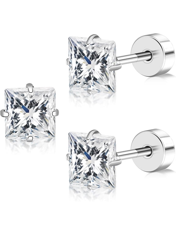 Flat Back Titanium Stud Earrings, Cubic Zirconia Star/Heart/Square Hypoallergenic Earrings, 4mm/5mm Screw Back Earrings for Sensitive Ears, Comfortable Daily Wear Gift for Her