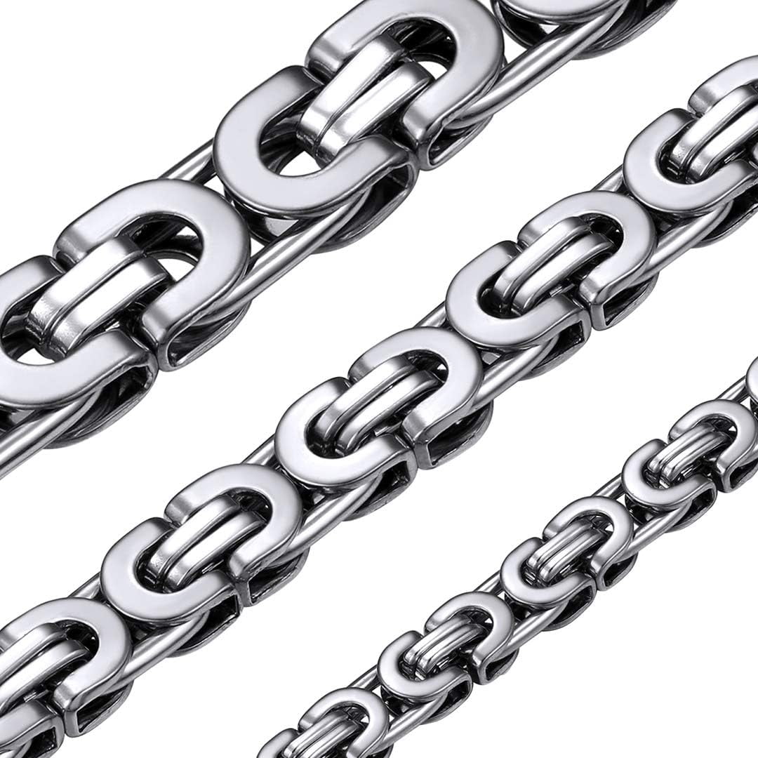 8mm Men's Silver Flat Byzantine Chain Necklace – 316L Stainless Steel, 18-36 Inch, Handmade