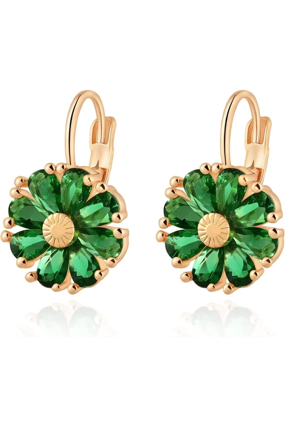 Floral Leverback Earrings for Women, Gold Plated Birthstone CZ Flower Drop Earrings, Hypoallergenic Vintage Colorful Dangle Jewelry Gift
