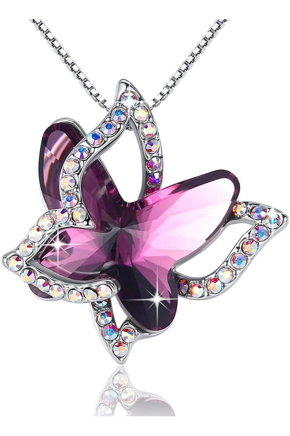 Gift Butterfly Birthstone Crystal Necklace, Silver Tone with 18u201d+2u201d Chain, Necklace for Motheru2019s Day Anniversary Birthday Gifts for Women and Daughter