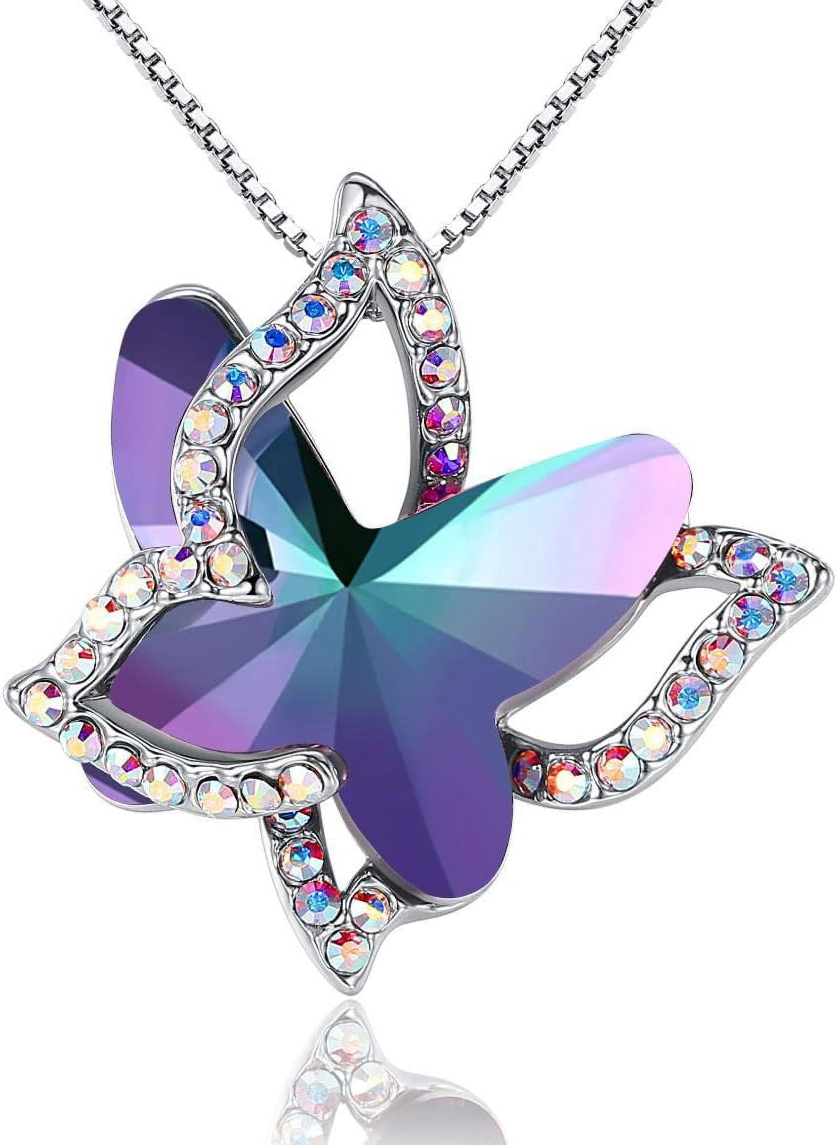 Leander Gift Butterfly Birthstone Crystal Necklace, Silver Tone with 18u201d+2u201d Chain, Necklace for Motheru2019s Day Anniversary Birthday Gifts for Women and Daughter