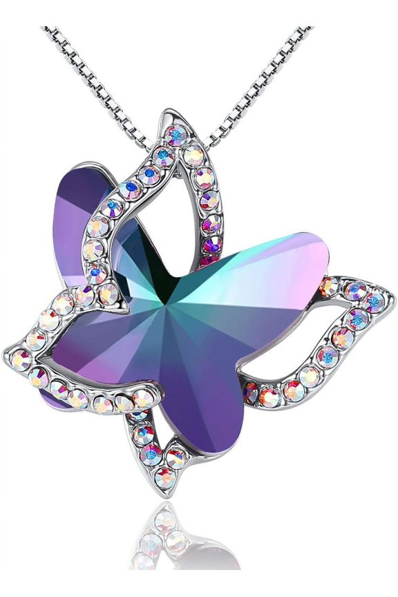 Gift Butterfly Birthstone Crystal Necklace, Silver Tone with 18u201d+2u201d Chain, Necklace for Motheru2019s Day Anniversary Birthday Gifts for Women and Daughter