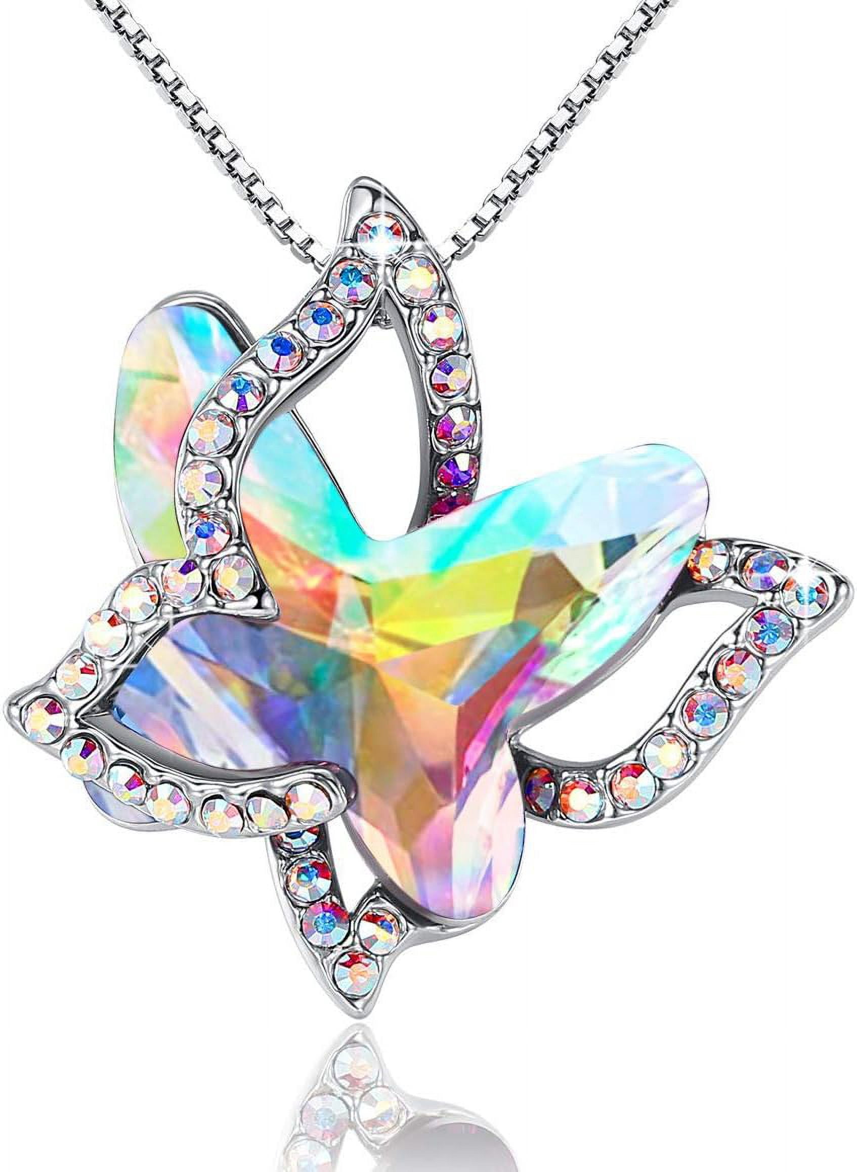 Leander Gift Butterfly Birthstone Crystal Necklace, Silver Tone with 18u201d+2u201d Chain, Necklace for Motheru2019s Day Anniversary Birthday Gifts for Women and Daughter