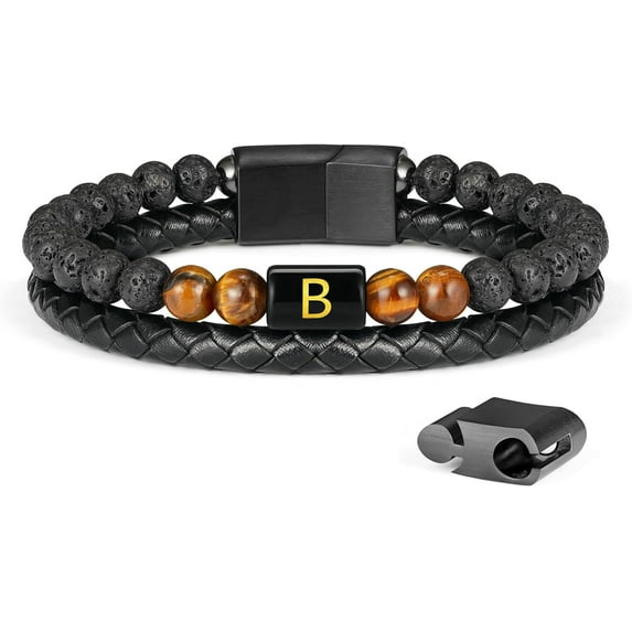 Leander Gifts for Men - Mens Bracelet, Beaded Leather Initial Bracelet 6mm Matte Agate Stone Handmade Bracelets Adjustable Stainless Steel Magnetic Clasp Mens Jewelry Gifts