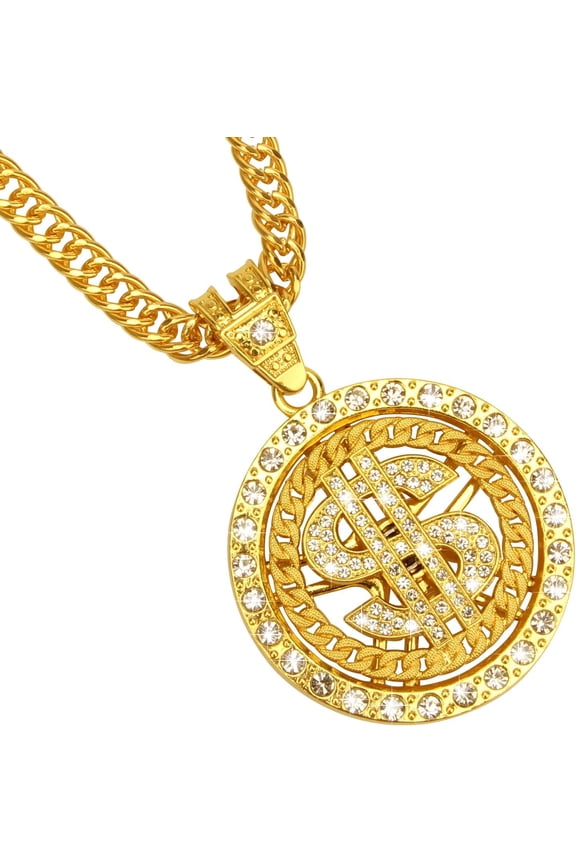 Gold Necklace Chain with Dollar Sign, 18K Gold Plated Hip Hop Chain Necklace Pendant for Men, 30inch (Rotatable,Lion Head)