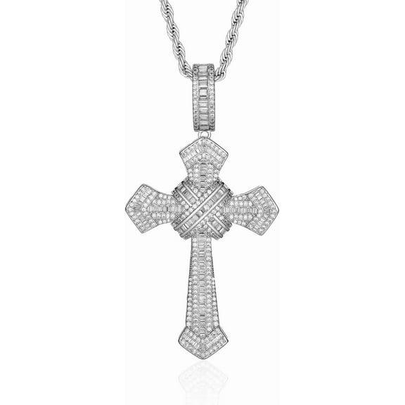 Leander Gothic Iced Out Diamond Jesus Cross Necklace with 20" Stainless Steel Rope Chain, 14K Gold Plated Pendant Religious Faith Cross Jewelry Gifts, Underground Hip-Hop Jewelry for Men Women