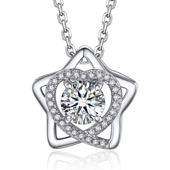 Leander Heart Necklace for Women, 1 Carat Simulated Moissanite Necklace for Her 925 Sterling Silver Halo Pendant Anniversary Valentine's Day Birthday Gifts for Mom Wife Girlfriend-Heart