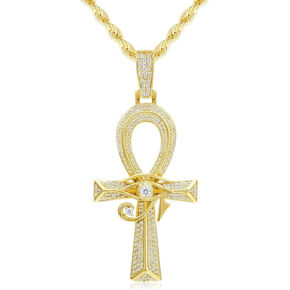 Leander Iced Out Eye of Horus Ankh Cross Pendant Ancient Egyptian Necklace Chain 14K Gold White Gold Plated Protection Jewelry for Men Women with Stainless Rope Chain