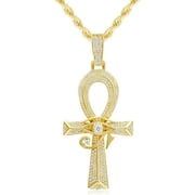 Leander Iced Out Eye of Horus Ankh Cross Pendant Ancient Egyptian Necklace Chain 14K Gold White Gold Plated Protection Jewelry for Men Women with Stainless Rope Chain