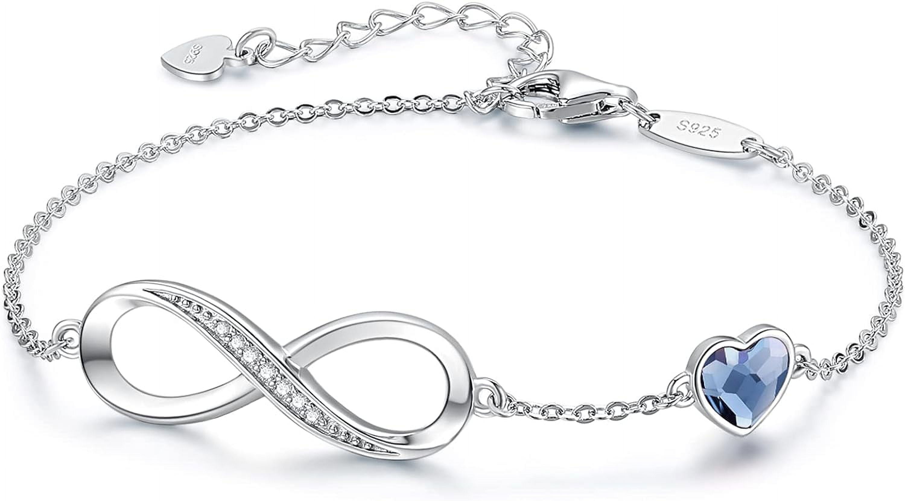 Leander Infinity Heart Birthstone Charm Link Bracelet for Women 925 Sterling Silver Adjustable Mother's Day Gift Anniversary Birthday Jewelry for Wife Girlfriend Her