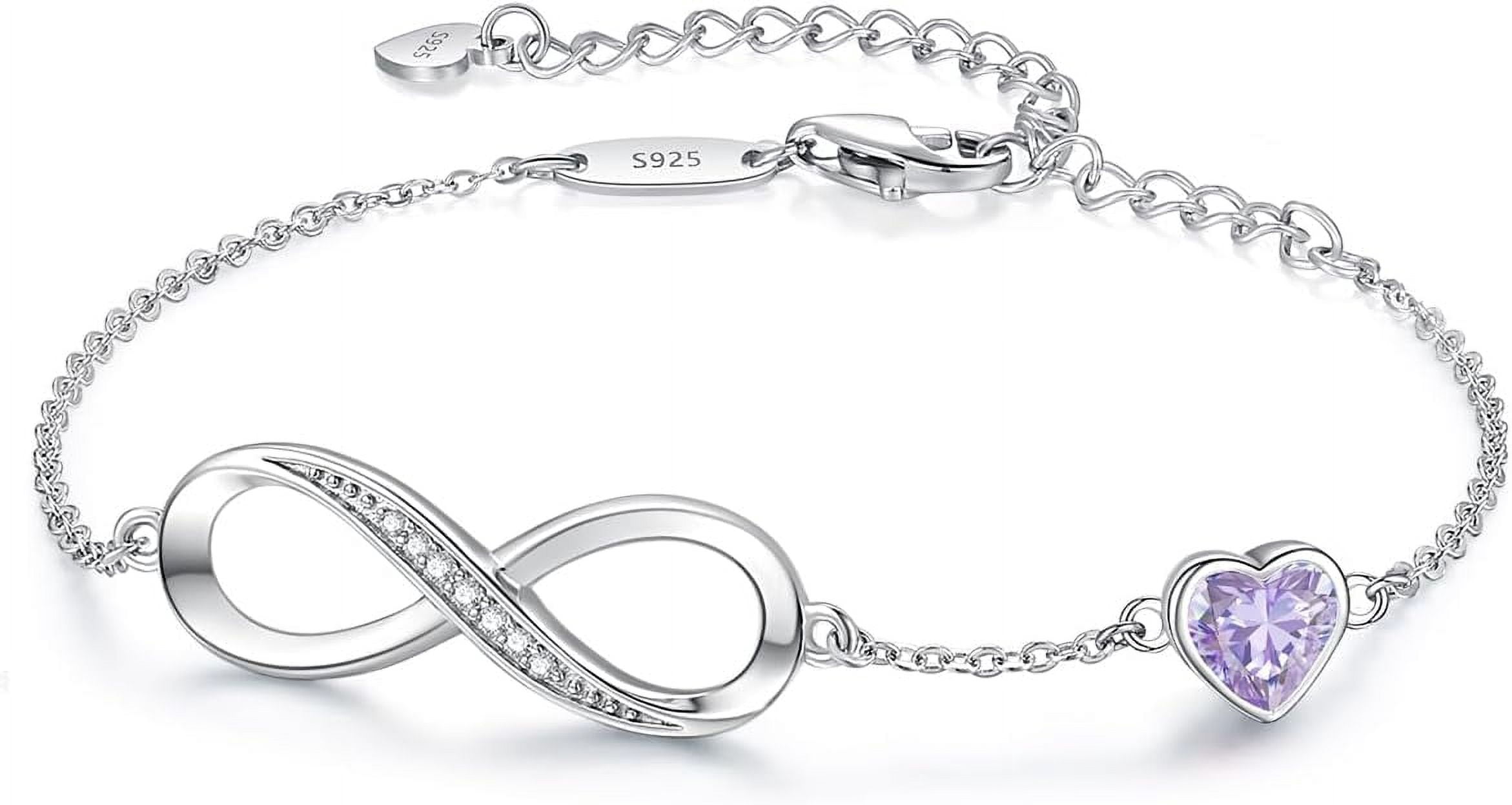 Leander Infinity Heart Birthstone Charm Link Bracelet for Women 925 Sterling Silver Adjustable Mother's Day Gift Anniversary Birthday Jewelry for Wife Girlfriend Her