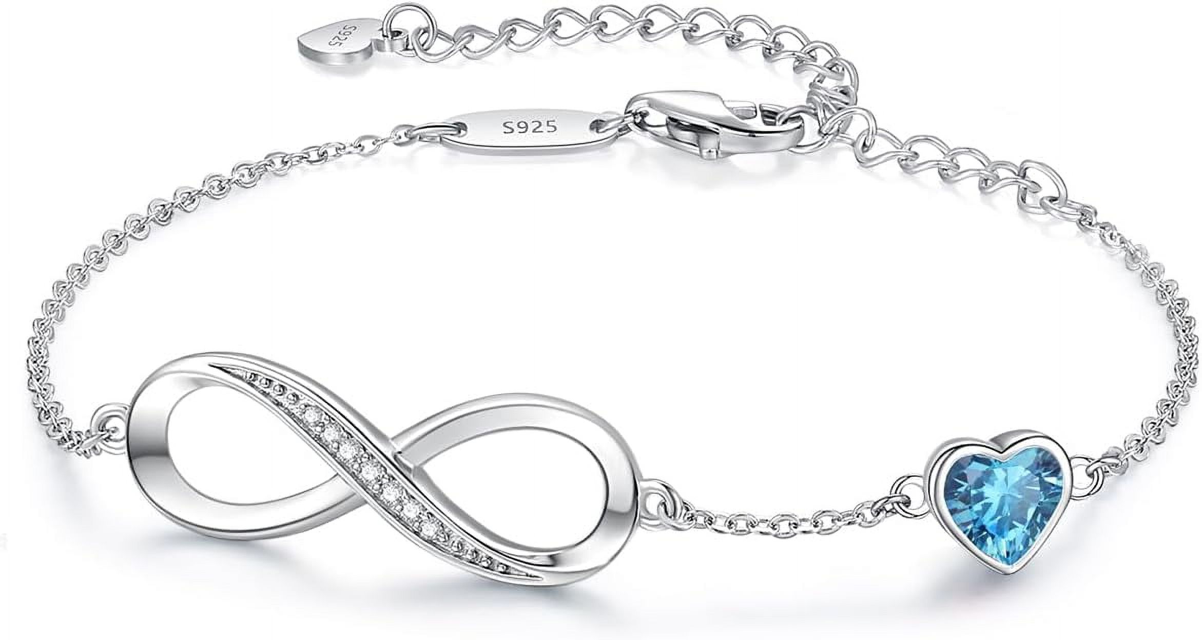 Leander Infinity Heart Birthstone Charm Link Bracelet for Women 925 Sterling Silver Adjustable Mother's Day Gift Anniversary Birthday Jewelry for Wife Girlfriend Her