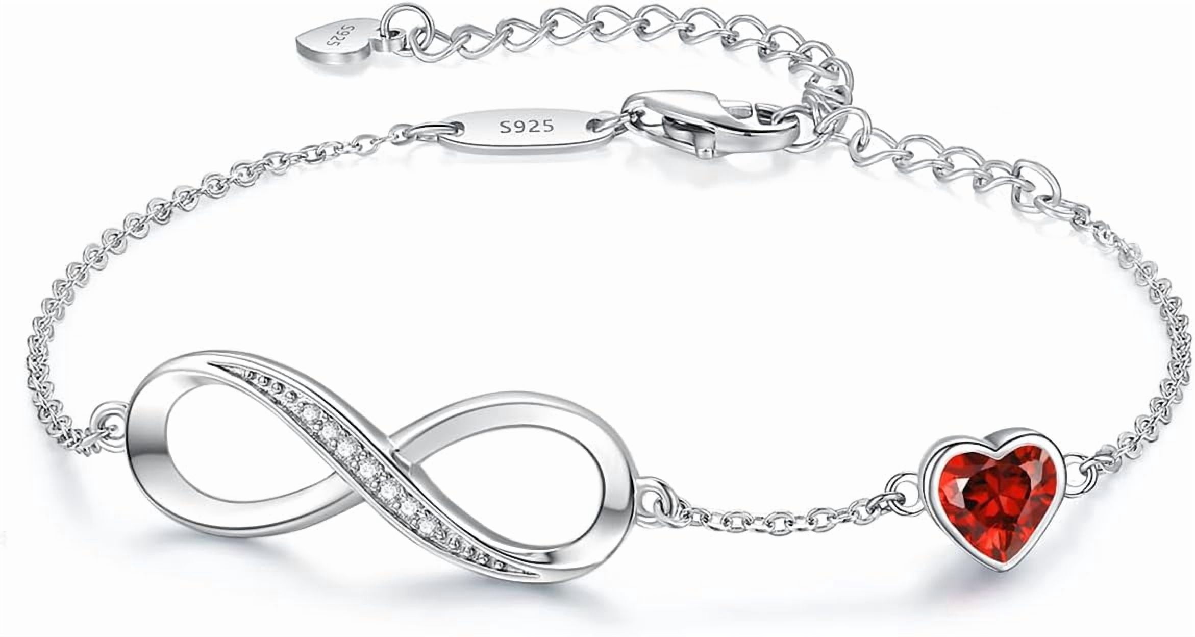 Leander Infinity Heart Birthstone Charm Link Bracelet for Women 925 Sterling Silver Adjustable Mother's Day Gift Anniversary Birthday Jewelry for Wife Girlfriend Her