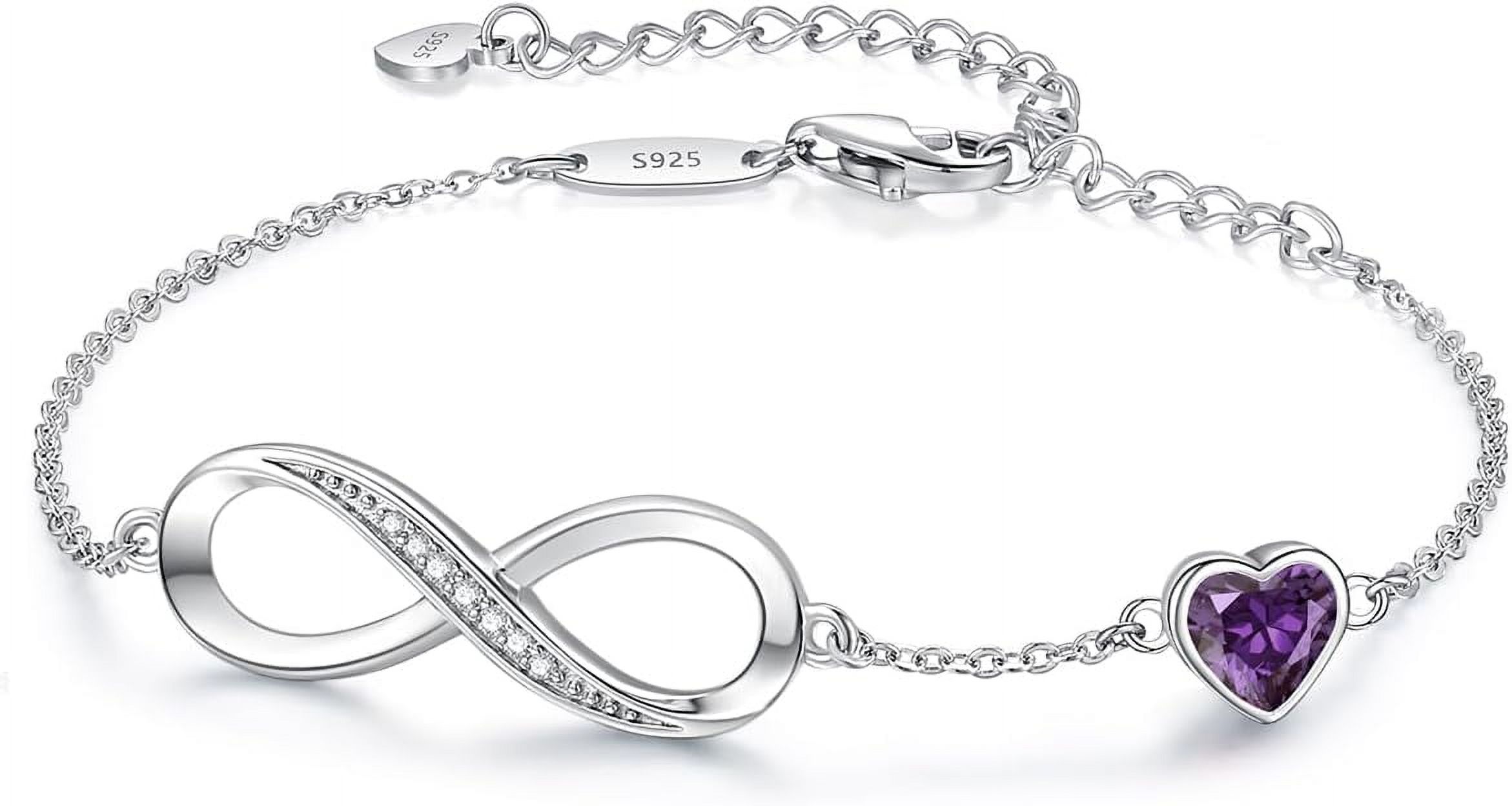 Leander Infinity Heart Birthstone Charm Link Bracelet for Women 925 Sterling Silver Adjustable Mother's Day Gift Anniversary Birthday Jewelry for Wife Girlfriend Her