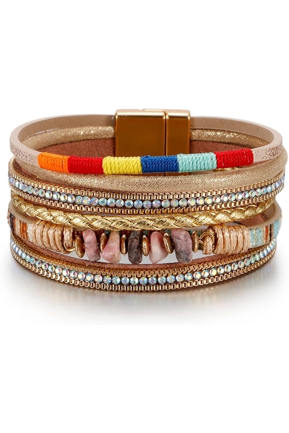 Leopard Bracelet for Women, Boho Leather Wrap Multi-Layer Pearl Crystal Bracelet Bangle Jewelry