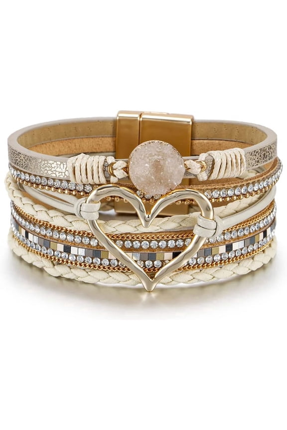 Women Boho Multilayer Leather Wrap Bracelet, Hollow Heart Rhinestone Wide Cuff Bracelet, Y2K Western Stackable Wrist Jewelry Gift